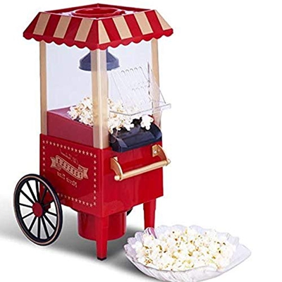 Bakaji Carretto Macchina Pop Corn Elettrica Aria Calda Senza Olio Popcorn Maker Professionale 1200W Design Retrò Luna Park Vintage per Feste Party Cin