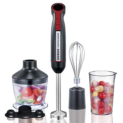 Frullatore a immersione 4 in 1 UUOUU 800W 20 Velocità regolabili, Frullatore Multifunzione Minipimer con Tritatutto 500ml, Frusta, Bicchiere, Lame in 