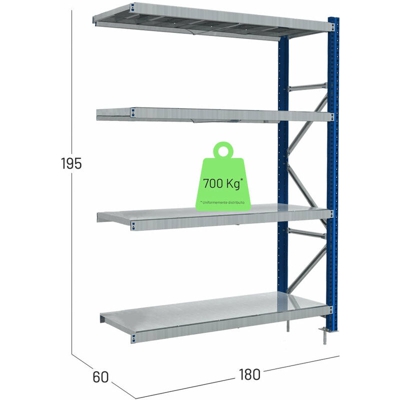 Scaffalatura metallica Zincato e Blu Alta portata cm L180xP50xH195 Piantana a "T" AGGIUNTIVO - ANEMOS