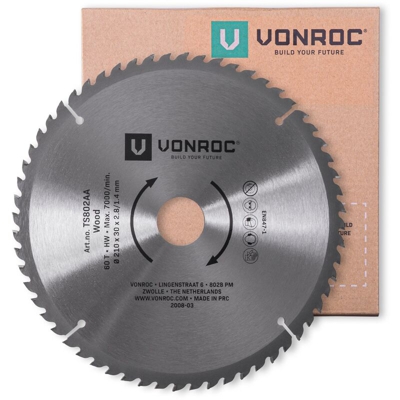 VONROC Lama per sega 210 x 30 mm - 60 denti. Per legno. Adatto per seghe da banco e troncatrici
