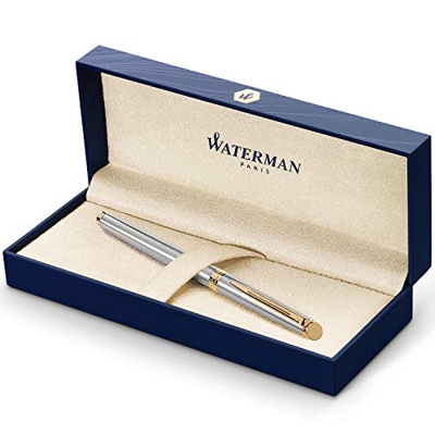 Waterman Hémisphère Penna Stilografica, in Acciaio Inossidabile con Finiture in Oro a 23 Carati, Pennino Sottile con Cartuccia di Inchiostro Blu, Conf