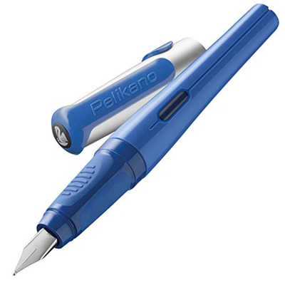 Pelikan 802901 Penna Stilografica a Cartuccia, Fusto Blu, Pennino M, Grip Antiscivolo, Impugnatura Ergonomica, per Destri, Set Scuola, Sistema Antimac