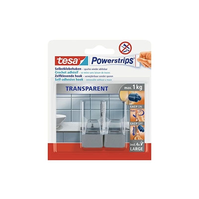 Powerstrips Set Di Ganci Adesivi Fino a 1kg, Trasparente, 2 x 5 cm + 4 Strisce Grandi Trasparenti/Chrome - Tesa