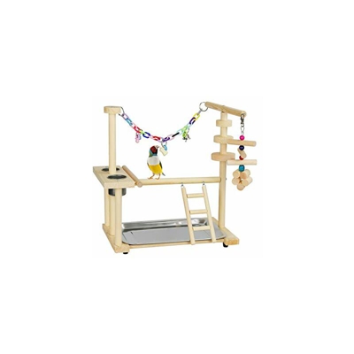 Parco giochi per uccelli per pappagalli, in legno naturale, con tazze e vassoio - Fittoway