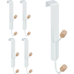 Ganci da Porta, Set 5 Appendini Sopraporta Doppio, Ferro & Legno, Attaccapanni, 16x28x7 cm, Bianco/Naturale - RELAXDAYS en oferta