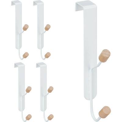 Ganci da Porta, Set 5 Appendini Sopraporta Doppio, Ferro & Legno, Attaccapanni, 16x28x7 cm, Bianco/Naturale - RELAXDAYS