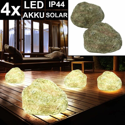 Etc-shop - Set di 4 lampade a LED a luce solare in pietra da giardino, terrazze, luci a spigolo, grigie