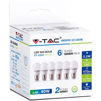V-tac - LEDLUX LC2754X6F 6 PZ Lampada A Led E27 G45 5,5W Freddo 6400K Forma Sfera Bulbo Palla 180 Gradi 220V SKU-2732