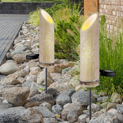 Etc-shop - Set di 2 lampade a LED ad innesto solare da giardino in bambù decorative spotlight decor punzonature lampada a spike verde