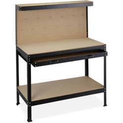 Relaxdays - Banco da Lavoro, Bacheca con Fori per Attrezzi, Cassetto, 3 Ripiani, Massiccio, Acciaio, 151x120x60 cm, nero precio