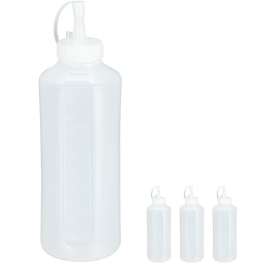 Relaxdays - Flacone Dosatore, ser da 4, 1000 ml, per Salse, Squeeze Bottle , Dispenser Cucina, in Plastica Trasparente