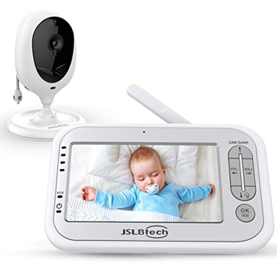 JSLBtech Baby Monitor Videocamera con Schermo LCD da 4,3", Funzione Interfono, Visione Notturna Automatica, Monitoraggio della Temperatura, Risparmio 