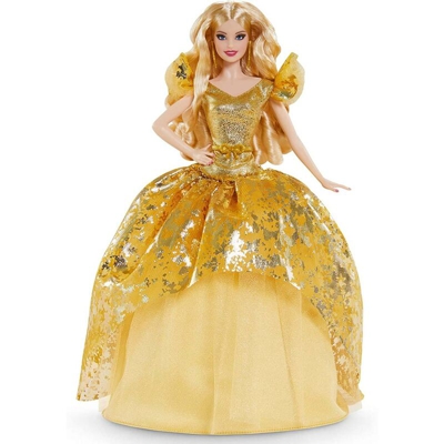 Barbie Magia Delle Feste 2020 Bambola da Collezione Abito Dorato con Piedistallo