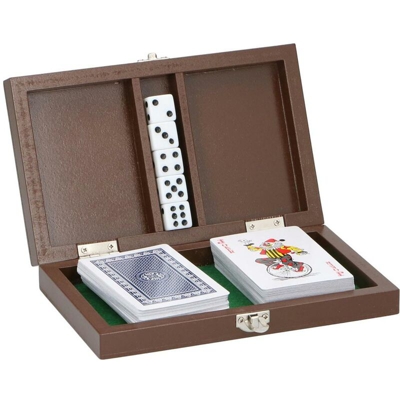 Set Mazzo di Carte Francesi + 5 Dadi Custodia in Legno per Poker Texano Bridge - BAKAJI