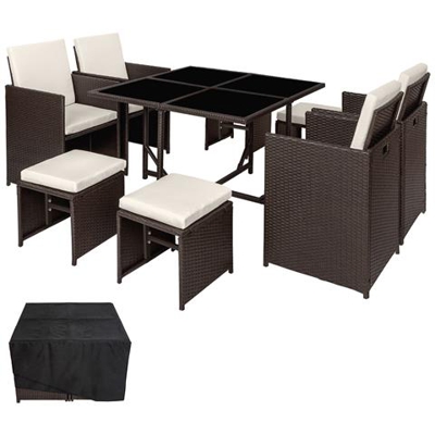 Set Da Giardino In Rattan Bilbao, 4+4+1 Con Copertura Protettiva, Variante 2 - Marrone Anticato