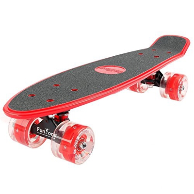 FunTomia® Skateboard 57cm - Big Wheel Ruote 70x42mm - Retro Mini Cruiser (Rosso/Rosso - con LED)