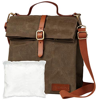 Natinos - Borsa termica per il pranzo, isolata e impermeabile, con tracolla, con batteria refrigerante, in tela cerata, 100% cotone (verde)