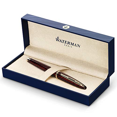 Waterman Carène Marine Amber Penna Stilografica, Pennino Sottile con Cartuccia di Inchiostro Blu, Marrone e Nero Lucido con Clip in Oro 23 Carati, Con