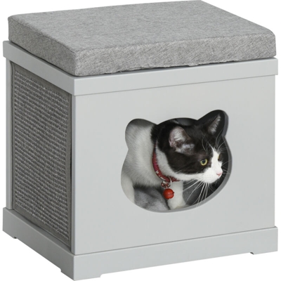 Cuccia per Gatti in Legno con 2 Cuscini e Tiragraffi Rimovibili, Grigio - Pawhut