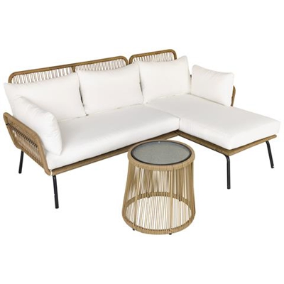 Set 3 Pezzi Divano 2 Posti Chaise Longue E Tavolino, Beige E Caffè