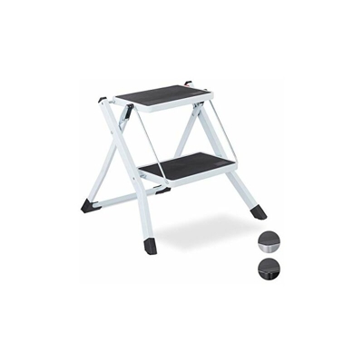 Scala Pieghevole, 2 Gradini, Salvaspazio, Antiscivolo, Ferro, HLP 45x50x50 cm, Bianco - RELAXDAYS