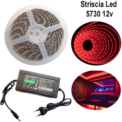 Striscia strip led 5730 5m adesiva luce ip65 alimentatore 12v 5a rosso 12w/m - DRIWEI