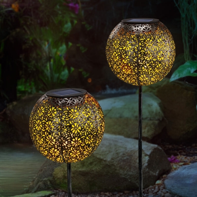 Set di 2 paletti solari da giardino con LED a luce bianca calda. Decorazione da giardino. Lampada solare esotec 102373
