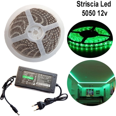 Striscia strip led 5050 5m adesiva luce ip65 alimentatore 12v 5a verde 12w/m - DRIWEI