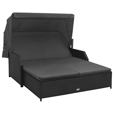 vidaXL - Lettino prendisole per 2 persone, con tettuccio parasole, lettino da giardino doppio, lettino relax da giardino in polyrattan, colore: Nero