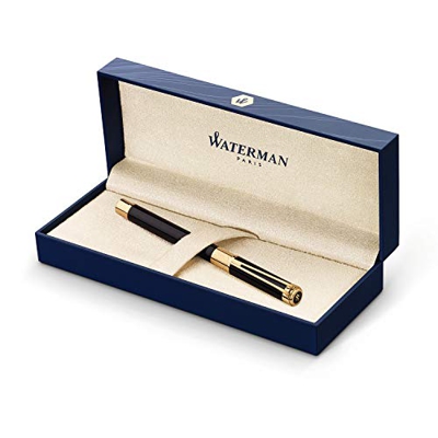 Waterman Perspective Penna Stilografica, Pennino Sottile con Cartuccia di Inchiostro Blu, Nero Lucido con Clip in Oro 23 Carati, Confezione Regalo
