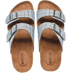 ONCAI Sandali Uomo,Arizona Pelle Scamosciata Piatto Spiaggia Ciabatte Estate All'aperto Interno Plaid Blu Sandali Punta Aperta Sughero Sandali Zoccoli en oferta