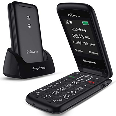 Easyfone Prime-FLIP, Telefono cellulare a Conchiglia GSM per anziani con tasti grandi, Facile da usare con SOS e Stazione di ricarica (nero)