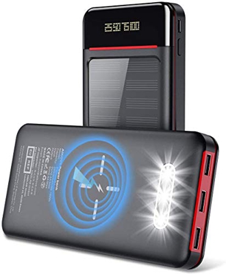 Aikove Batterie Externe 26800mAh Chargeur sans Fil avec 2 Entrées (USB-C&Micro) et 3 Sorties, LCD Display Haute Capacité Solaire Power Bank Qi Chargeu