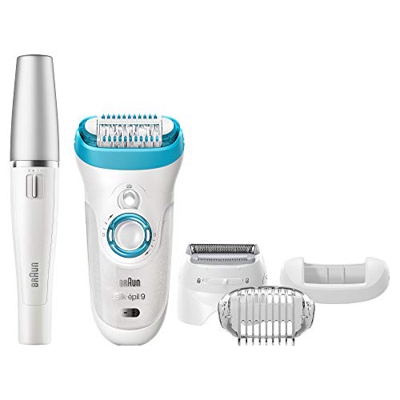 Braun Silk-épil 9 9-558 Wet & Dry Epilatore senza Filo con 5 Accessori Extra, Bianco/Blu