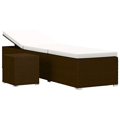 Lettino prendisole con cuscino e tavolo da tè in polyrattan marrone