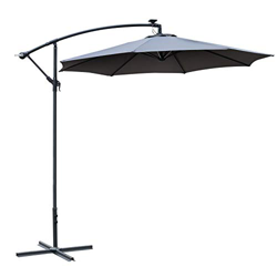 Outsunny Ombrellone da Giardino a Braccio con Manovella e 8 Strisce LED a Energia Solare Φ2.95x2.45m, Grigio en oferta