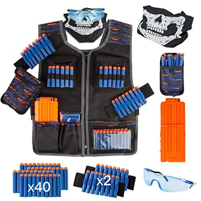 LVHERO Kit di Giubbotto Tattico per Nerf Pistole con Freccette, Custodia per Freccette, Cinturino da Polso, Maschera, Clip e Occhiali Protettivi per i
