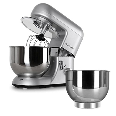 Klarstein Bella Argentea Set Robot da Cucina Multifunzione Mixer impastatrice planetaria + Ciotola in Acciaio aggiuntiva (1200 Watt, acciaio inox, 5.2