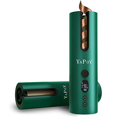 YAPOY Automatico Ferro Arricciacapelli Piastra Arricciacapelli Automatico Rotante 360° con Batteria Ricaricabile da 5200 mAh Schermo LCD (Verde)