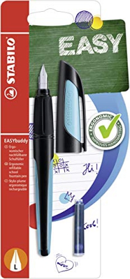 Penna Stilografica Ergonomica per bambini - STABILO EASYbuddy in Nero/Azzurro - Punta Mancini - 2 Cartucce Blu incluse