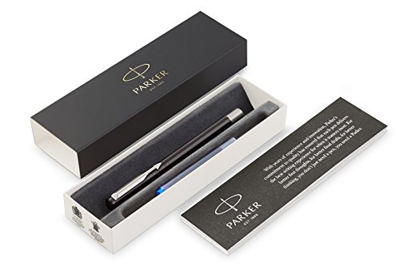 Parker Vector Penna Stilografica con Finiture Cromate, Punta Media, Inchiostro Blu, Confezione Regalo, Nero