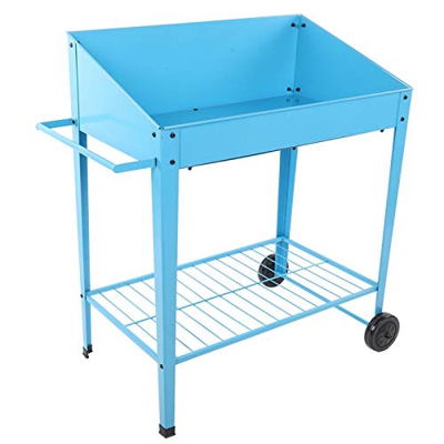 Fioriera, Portapiante Fioriera da Esterno Rialzata in Metallo con Mensola e Ruote, Aiuola Rialzata per Giardinaggio Balcone, in Ferro, Blu, 90 x 47 x 