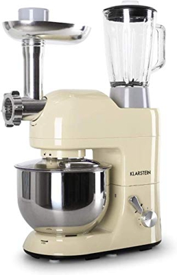 Klarstein Lucia Morena - robot da cucina, mixer, impastatrice, 1200 W, 5 L, sistema planetario, tritacarne, ganci per pasta, shaker da 1,5 L, velocità