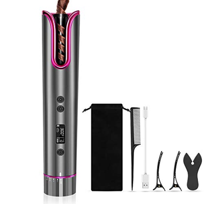 Crazyfly Automatico Ferro Arricciacapelli, Ferro Arricciacapelli Senza Cordone fili ricaricabile USB portatile, 4 temperatura, manopola e temperatura 