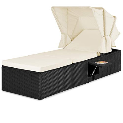 Casaria Lettino Prendisole in Polyrattan Casaria con Tettuccio parasole pieghevole Imbottiture spesse 7cm Schienale inclinabile Tavolino pieghevole Sd