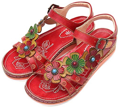 Camfosy Sandali Piatti in Pelle da Donna, Tacco Piatto Scarpe da Passeggio Estivi Comodi Sandali da Trekking Regolabili Suola per Ampie Gambe Marrone 