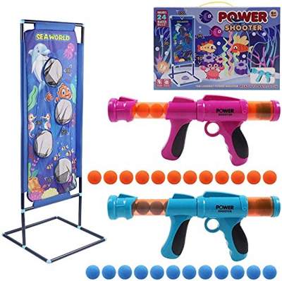 STOTOY Shooting Game Set, Gioco di Tiro per Bambini con 2 Palle di Schiuma Popper Air Toy Gun e Bersaglio di Tiro in Piedi e 24 Palle di Schiuma, 5 6 