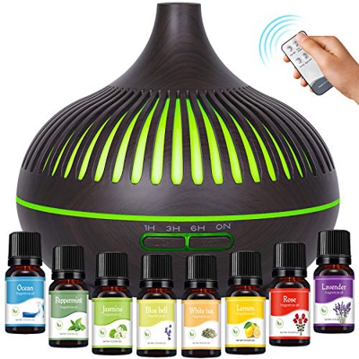 Diffusore di Oli Essenziali 500 ML, GeeRic 8*10ML Oli Essenziali+Ultrasuoni Umidificatore Purificatore d'Aria Diffusore di Aromi Nebulizzatore per Oli