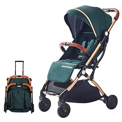 SONARIN Passeggino leggero,Passeggino compatto,Pieghevole con una mano,imbragatura a cinque punti,ideale per aeroplano(Verde)