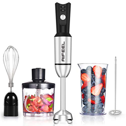 Aifeel - Set frullatore a immersione con 5 allegati, asta elettrica da 800 W, con base miscelatrice in acciaio inox, tritatutto da 500 ml, misurino da características